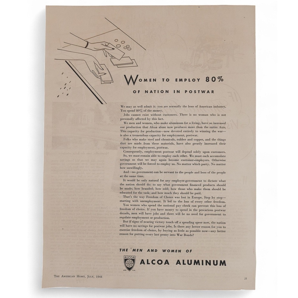 1944‎ Alcoa Aluminum "Women to Employ 80% of Nation Postwar" Econ Vtg Print Ad